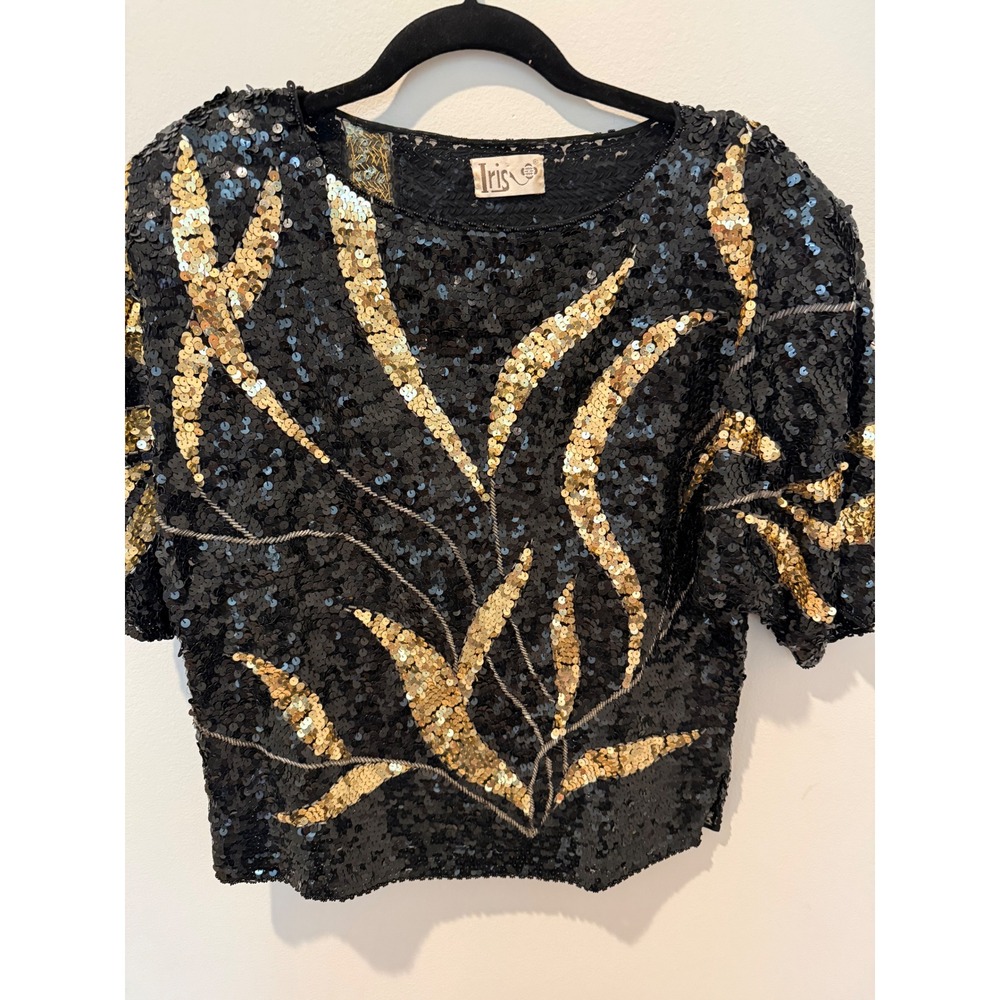 Vintage Iris Sequin Top Black Gold Beaded Evening Blouse Large